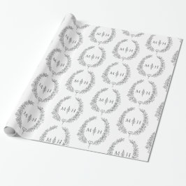 Papel De Presente Monograma oval de folha desenhando cinza escura br