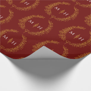 Papel De Presente Monograma oval de folha, em vermelho escuro