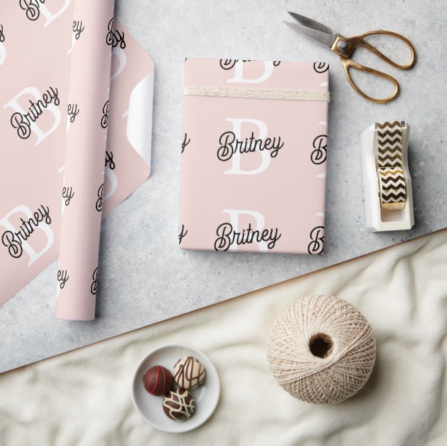 Papel De Presente Monograma Personalizado Moderno e Nome Pastel Rosa (Artesanato)
