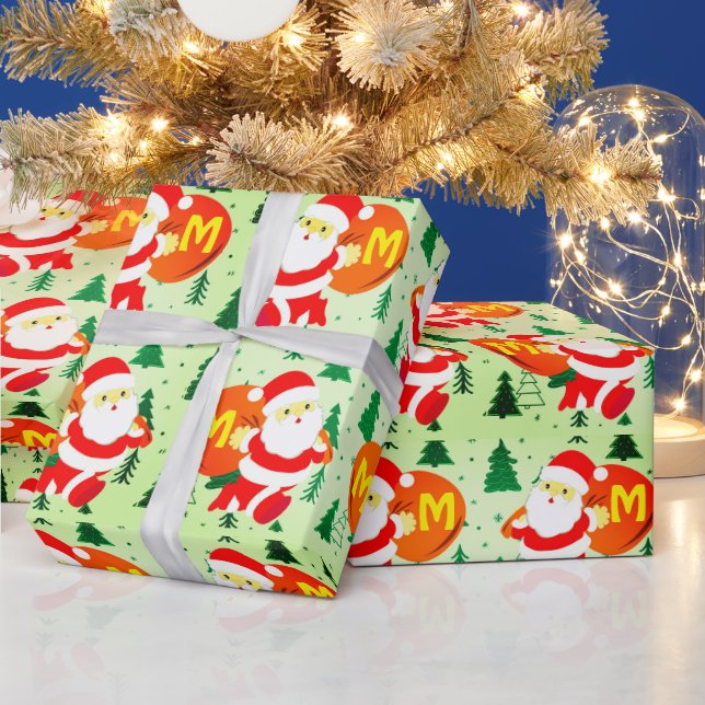 Papel De Presente Monograma personalizado Papai Noel entregando pres (Feriados)