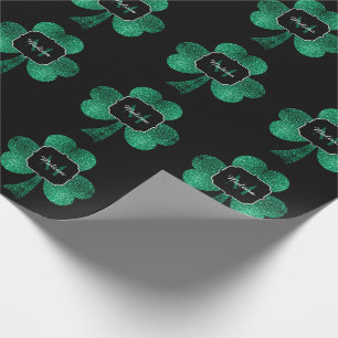 Papel De Presente Monograma preto de Shamrock Verde Sparkle Emerald