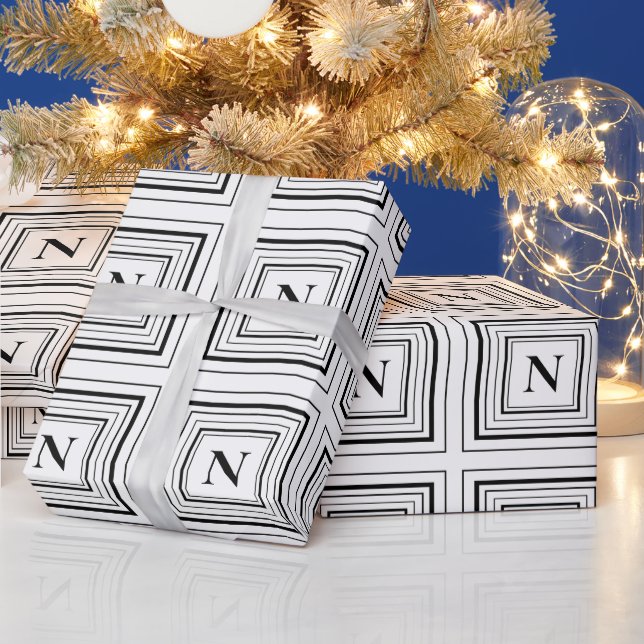 Papel De Presente Monograma Preto e Branco Classic Square (Feriados)