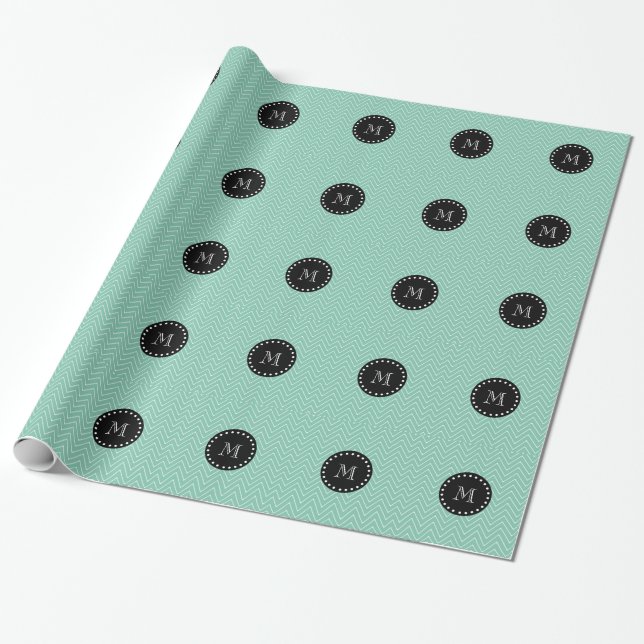 Papel De Presente Monograma preto verde do teste padrão | de Chevron (Desenrolado)