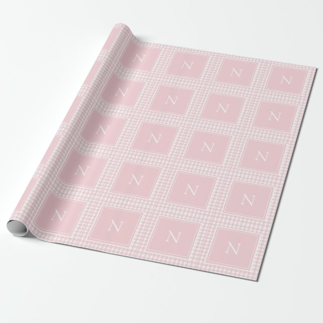 Papel De Presente Monograma Rosa Houndstooth (Desenrolado)