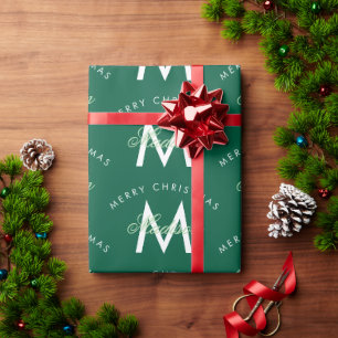 Papel De Presente Monograma Verde de Feliz Natal Personalizado