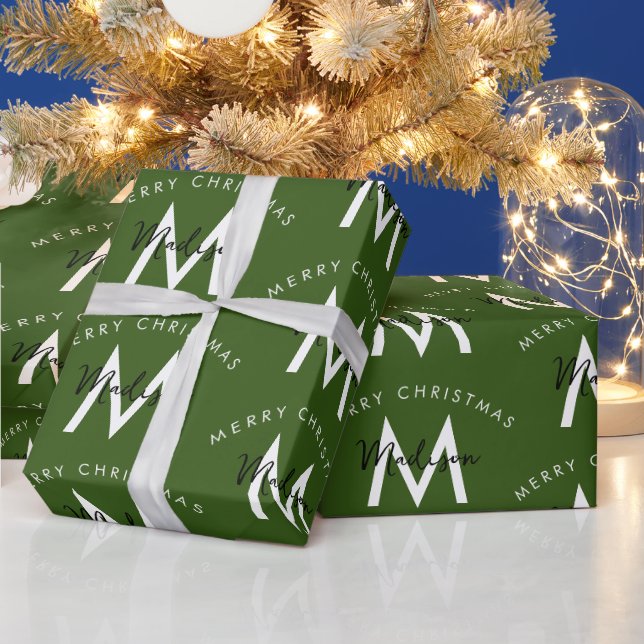 Papel De Presente Monograma Verde de Natal Moderno Personalizado (Feriados)