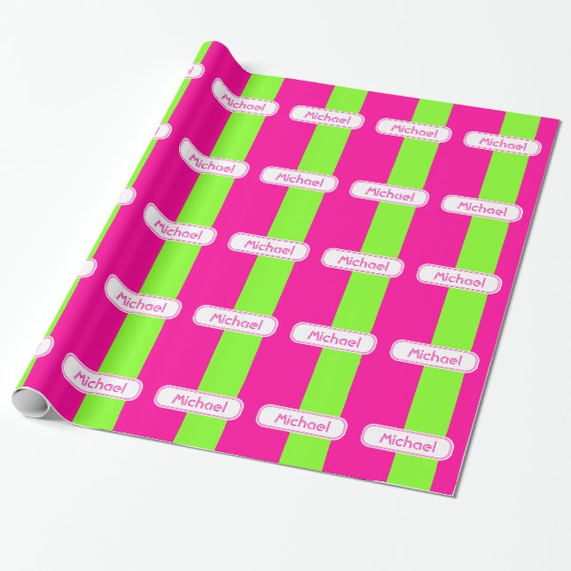 Papel De Presente Monograma Verde Rosa Neon Brilhante Moderno (Desenrolado)