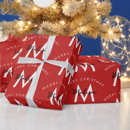 Papel De Presente Monograma Vermelho de Natal Moderno Personalizado