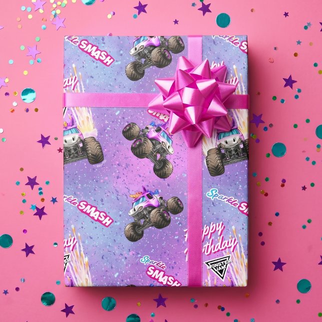 Papel De Presente Monster Jam - Sparkle Smash Aniversário (Simulated wrapped gift on table)