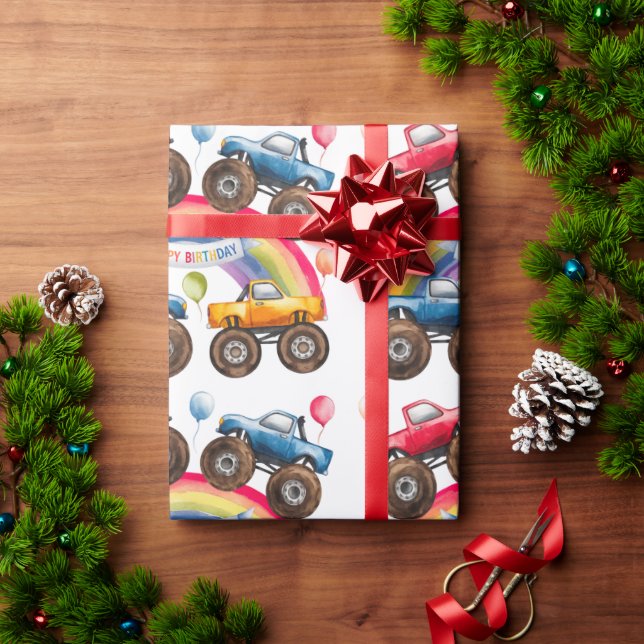 Papel De Presente Monster Truck Rainbow Boy Birthday Bash (Presente de Natal)