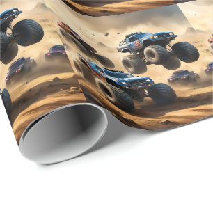 Papel De Presente Monster Trucks Correndo No Deserto,