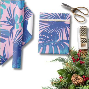 Papel De Presente Monstera Azul Tropical & Folhas de Palmeira Rosa