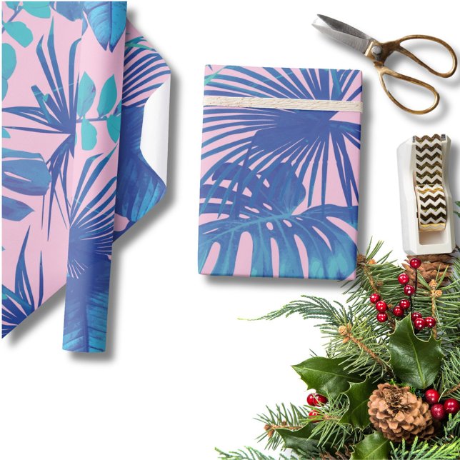 Papel De Presente Monstera Azul Tropical & Folhas de Palmeira Rosa (Criador carregado)