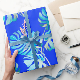 Papel De Presente Monstera Brisa Azul Cobalto