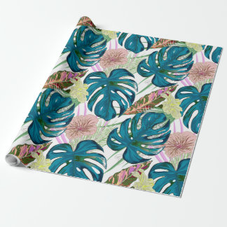 Papel De Presente Monstera de turquesa escura, pêssego delicado e am