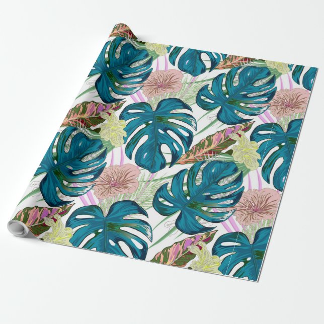 Papel De Presente Monstera de turquesa escura, pêssego delicado e am (Desenrolado)