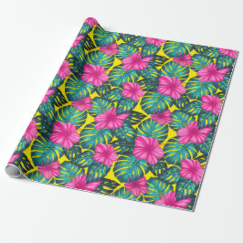 Papel De Presente Monstera Leaves e Hibiscus, Rosa Teal em Amarelo