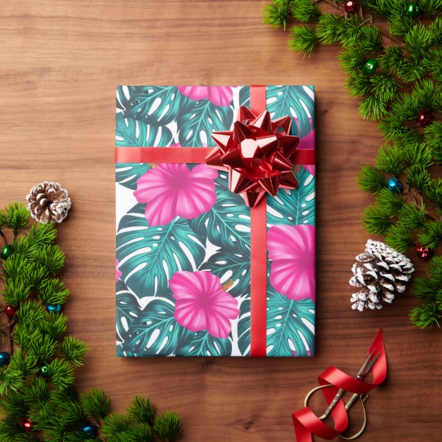 Papel De Presente Monstera Leaves e Hibiscus, Rosa Teal em Branco (Presente de Natal)