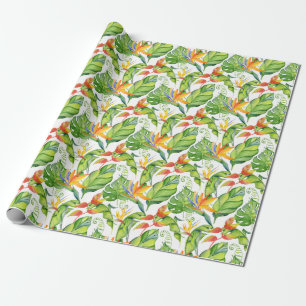 Papel De Presente Monstera Verde Tropical e Folhas de Laranja Aquare
