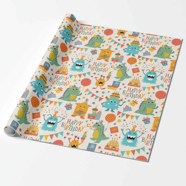 Papel De Presente Monstrinhos Felizes  (Desenrolado)
