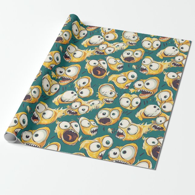 Papel De Presente Monstro Amarelo Louco Azul Halloween (Desenrolado)