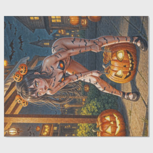 Papel De Presente Monstro de Halloween Jack-o-Lantern & Garota Vixe