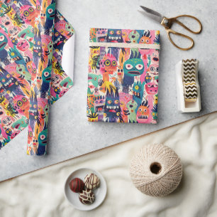 Papel De Presente Monstros Coloridos Psicodélicos