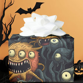 Papel De Presente Monstros de Halloween, Laranja, Cinza Escuro