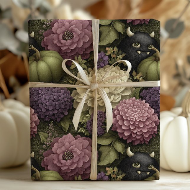 Papel De Presente Monstros do Halloween Elegantes e Abóboras em Roxo (Criador carregado)