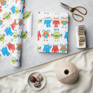 Papel De Presente Monstros Felizes Coloridos com Padrão de Nome de