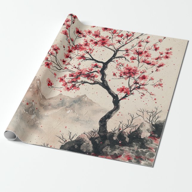 Papel De Presente Montanha Serenidade Crimson Sakura (1) (Desenrolado)