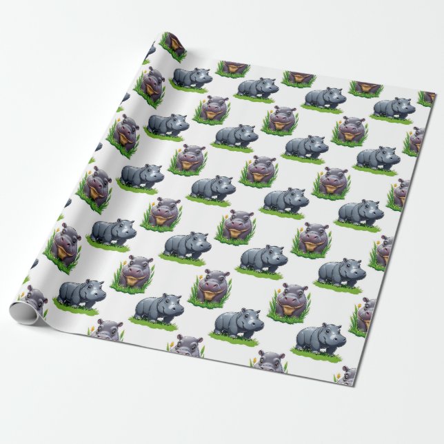 Papel De Presente Moo Deng Hippopotamus Animal Pattern Design (Desenrolado)