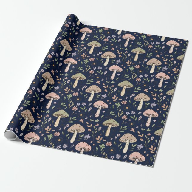 Papel De Presente Moody Dark Navy Fungi Seamless Pattern (Desenrolado)