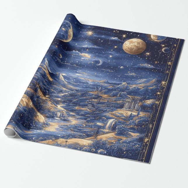 Papel De Presente Moonlit Starry Dreamland Mythical Blue Design (Desenrolado)