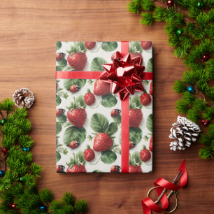 Papel De Presente Morango de Aquarela e Ladybug Padrão Sem Costura