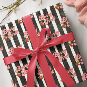 Papel De Presente Morango Preto Branco Moderno Primeiro Aniversário