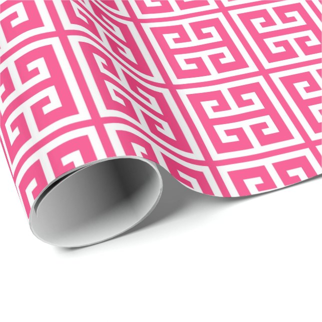 Papel De Presente Morango Quente Rosa Padrão-Chave Grego (Ponta do rolo)