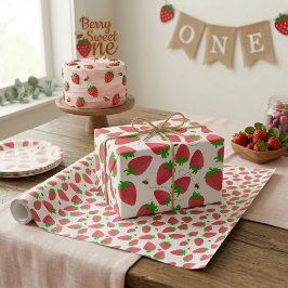 Papel De Presente Morangos com Abelhas em Verde Caprichoso