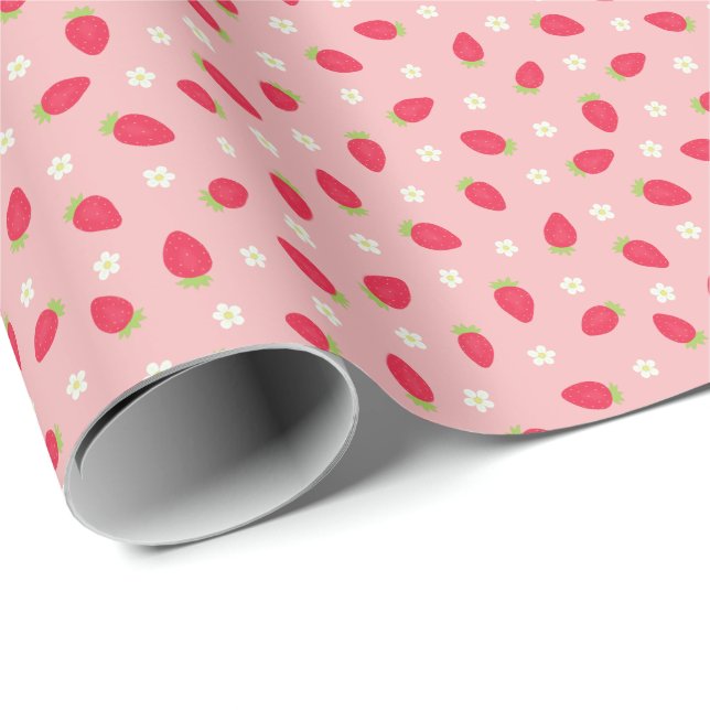 Papel De Presente Morangos de Verão em Rosa (pequena escala) (Ponta do rolo)