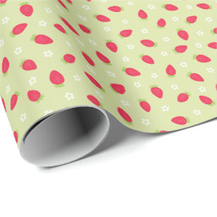 Papel De Presente Morangos de Verão em Verde (pequena escala)