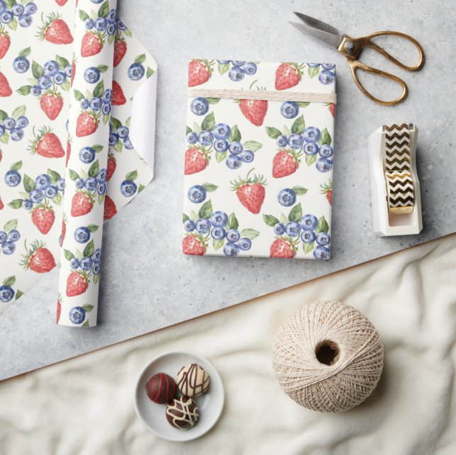 Papel De Presente Morangos Mirtilos Fruta (Artesanato)