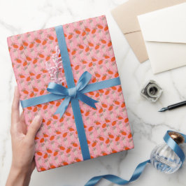 Papel De Presente Morangos Rosa Branco Padrão Rabiscado  