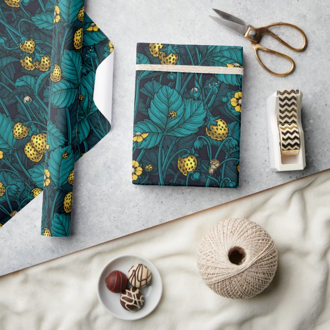 Papel De Presente Morangos selvagens, amarelos e azuis (Artesanato)