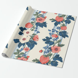 Papel De Presente Morangos Vintage e Folhas Azuis Padrão Floral