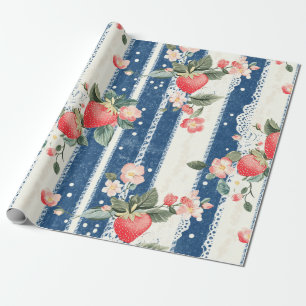 Papel De Presente Morangos Vintage em Estirpes Azuis (2)