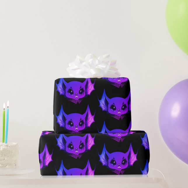 Papel De Presente Morcego Vampiro Roxo Fofo no Halloween de Desenho  (Presentes para festas)