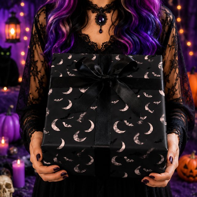 Papel De Presente Morcegos da Lua Rosa Padrão Celestial de Halloween (Criador carregado)