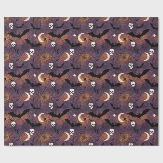Papel De Presente Morcegos e Caveiras Góticos Assustadores Roxo Lara (Aberto)
