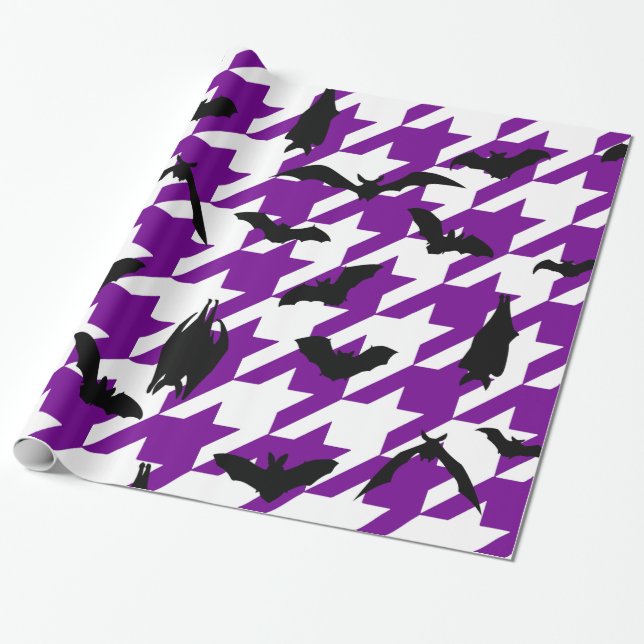Papel De Presente morcegos pretos de halloween roxos (Desenrolado)