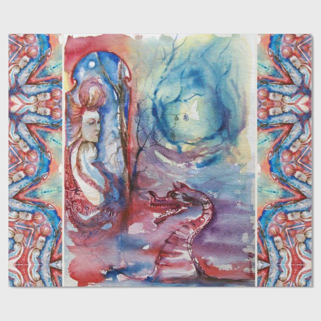 Papel De Presente MORGANA Enchantress and Dragon, Fantasia Azul Rosa (Aberto)